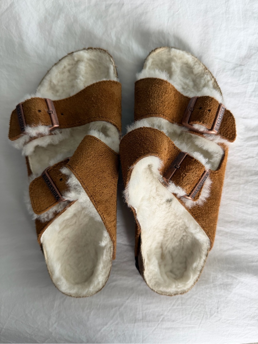 Birkenstock Arizona Shearling-Lined Suede Sandal in Cognac Brown